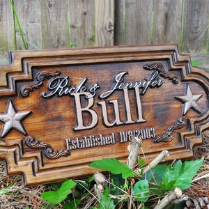 Western Two Star Family Name Plaque - Plaque Sign Wedding Gift Custom Carved Wooden Last Name First Anniversary Gift Rustic