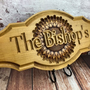 Sunflower Family Sign - Personalized Wedding Gift Family Name Signs Carved Custom Wooden Last Name Established Anniversary Gifts Couple Wood