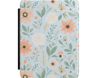 Custodia per Kindle color crema pesca con motivo floreale / Fiori da giardino pastello, cover in similpelle