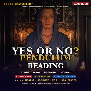 May include: An advertisement for a pendulum reading service. The image features a person in a hooded sweatshirt with the text "YES OR NO? PENDULUM READING". Additional text includes "PSYCHIC", "TAROT", and "TELEPATHY".