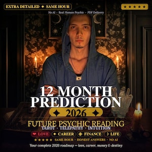 Puede incluir: Anuncio de lectura psíquica con una persona con una sudadera con capucha azul. El texto dice "12 MONTH PREDICTION 2026" con palabras clave como "Tarot" y "Amor". La imagen incluye velas y formaciones de cristal.