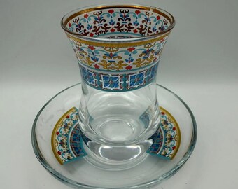Servizio da tè orientale - Colorato e dorato - Design Iznik, Servizio da tè in vetro turco, Bicchieri da tè orientali, Decorazioni dorate, Regalo per gli amanti del tè