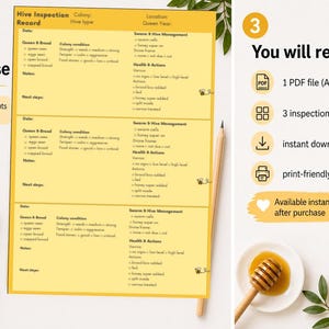 May include: A yellow beekeeping inspection record with detailed sections for hive data, colony conditions, and swarm management. The image includes text that says "Clear & Easy to Use" and "All important points at a glance". A pencil, honey, and flowers are also visible.