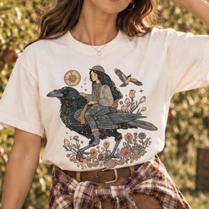 Fairycore Clothing, Dark Academia Shirt, Witchcore Aesthetic, Vintage Raven Tee, Mystical Bird Tee, Whimsical Goth Tee, Vintage Fantasy Gift