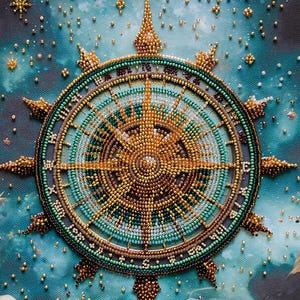 Pode incluir: Um design detalhado de rosa dos ventos com contas sobre um fundo azul estrelado. A bússola apresenta contas douradas, verde-azuladas e castanhas, com um design central de explosão solar. A obra de arte evoca um tema celestial.