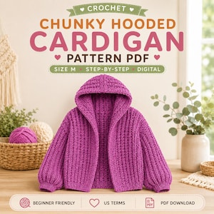 Puede incluir: Un cárdigan con capucha grueso de color magenta brillante con textura acanalada. La imagen incluye el texto: CROCHET CHUNKY HOODED CARDIGAN PATTERN PDF, SIZE M, STEP-BY-STEP, DIGITAL, BEGINNER FRIENDLY, US TERMS, PDF DOWNLOAD. El cárdigan tiene mangas largas.