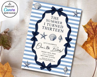 The Summer I Turned Pretty Birthday Invitation, Coastal Birthday, Invite Beach Party, Editable Canva (Digital Download)