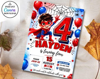 Editable Superhero 4th Birthday Invitation, Red Blue Hero Birthday Party Invite, Kids Comic Birthday Template, Instant Download