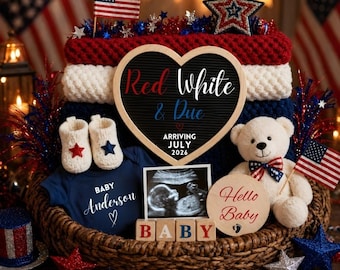 Fourth of July Pregnancy Announcement Digital, Red White and Blue Editable Template, Social Media Reveal, Canva