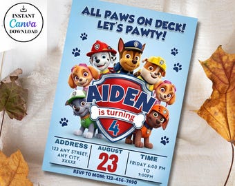 Editable Paw-ty Birthday Invitation Template, Puppy Patrol Pup Boys & Girls Bday, Kids Party Invitation, Digital Download