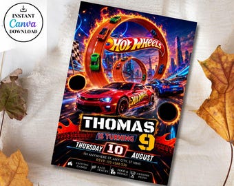 Hot Wheels Race Car Birthday Invitation, Editable Canva Template (Digital Download)