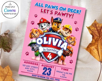 Editable Paw-ty Birthday Invitation Template, Puppy Patrol Pup Girls Bday, Kids Party Invitation, Digital Download