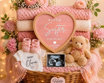 Little Sister Pregnancy Announcement Floral Template, Pink Girl Reveal (Canva Digital Download)
