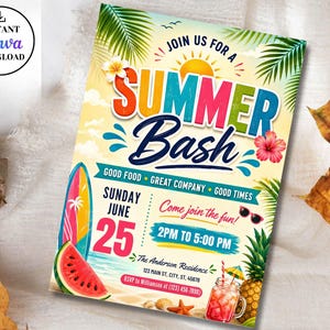 Summer Bash Invite Template, Printable Block Party Flyer, Schools Out Pool Party Evite, Barbeque Cookout Decor, Family Celebration, Canva