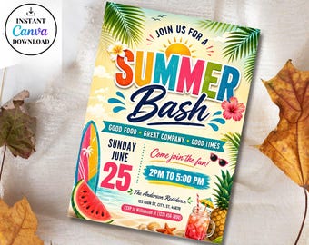 Summer Bash Invite Template, Printable Block Party Flyer, Barbeque Cookout Decor, Schools Out Pool Party Evite, Family Celebration, Canva