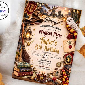 May include: A magical party invitation for Taylor's 8th birthday on December 20th at 3:00 PM. The design features a sorting hat, round glasses, a white owl, a broomstick, a stack of books, a birthday cake, and house crests in gold and red.