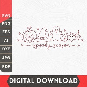 May include: A digital graphic design featuring a continuous line drawing of a jack-o'-lantern, a witch hat, a ghost, and a bat, with the text "spooky season" written in cursive script below the icons and small four-pointed stars scattered around.