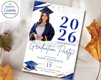 Graduation Party Invitation Template,Editable Blue White Class of 2026 Grad Announcement,Class of 2025 Invite,Self-Editable Digital Download