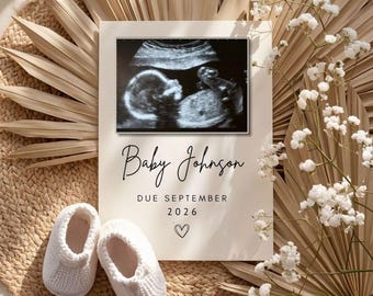 Pregnancy Announcement Template, Boho Neutral Baby Reveal Digital Download, Editable Canva Ultrasound Announcement, We're Expecting Card