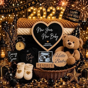 May include: A New Year 2027 baby announcement basket featuring a heart-shaped letter board with the text New Year New Baby Arriving January 2027, a teddy bear with a party hat, baby booties, a black onesie, an ultrasound, and wooden blocks.