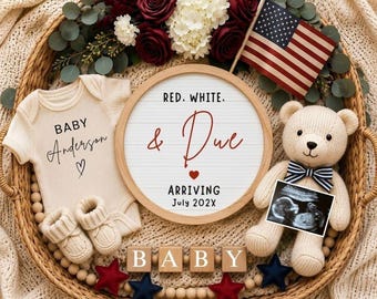 4th of July Pregnancy Announcement Digital, Social Media Baby Reveal, Red, White & Due, American Firecracker, Canva Template