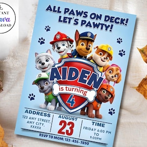 Editable Paw-ty Birthday Invitation Template, Puppy Patrol Pup Boys & Girls Bday, Kids Party Invitation, Digital Download