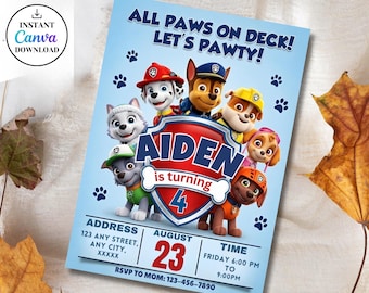 Editable Paw-ty Birthday Invitation Template, Puppy Patrol Pup Boys & Girls Bday, Kids Party Invitation, Digital Download