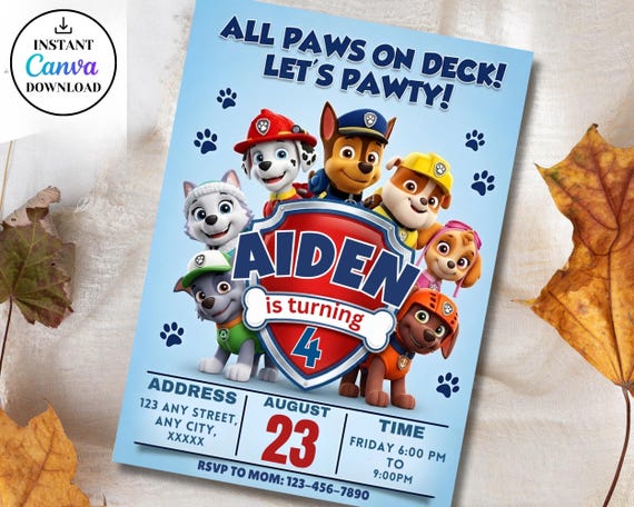 Editable Paw-ty Birthday Invitation Template, Puppy Patrol Pup Boys & Girls Bday, Kids Party Invitation, Digital Download