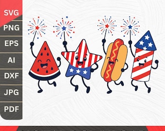 Patriotic Doodle SVG PNG,Cute Fourth of July Sublimation Design svg,Retro Americana Shirt Graphic,Watermelon Hotdog Firework PNG,Funny Sumer