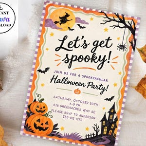 May include: A rectangular Halloween party invitation card featuring a yellow moon, a witch on a broomstick, bats, a spider, and a haunted house. The text reads Let's get spooky! Join us for a spooktacular Halloween Party! Saturday, October 30th.