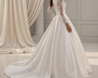 High Neck Bridal Gown with Long Sleeves, Custom Handmade Wedding Dress, Elegant Modest Bridal Wear