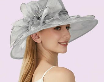 Vintage Organza Hat for Women | Wide Brim Wedding Fascinator | Bridal Tea Party Church Hat | Elegant Ladies Headwear | Wide Brim Formal Hat