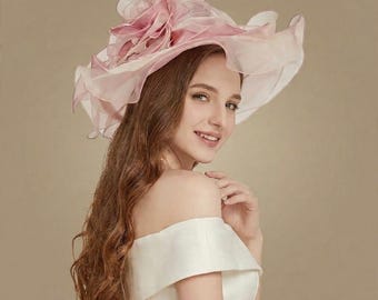 Organza Wide Brim Hat Women | Kentucky Derby Hat | Floral Fascinator Hat | Tea Party Wedding Hat | Church Hat | Sun Hat Gift