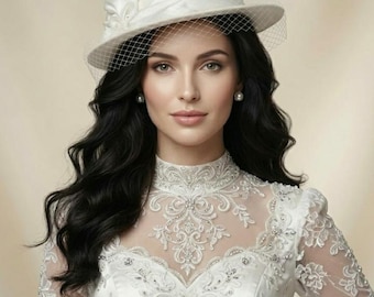 Ivory Medium Flat-brim Sinamay Fascinator Hat with Veil | Kentucky Derby Hat | Church Wedding Ascot Hat for Women.