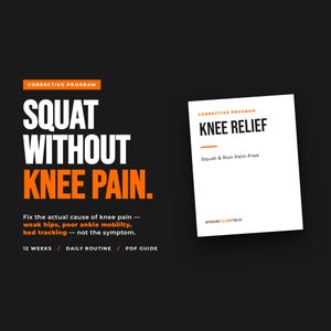 Könnte beinhalten: Schwarz-oranges Grafikdesign, das ein Korrekturprogramm für Knieschmerzen bewirbt. Der Text lautet "SQUAT WITHOUT KNEE PAIN" und "KNEE RELIEF". Es enthält Details zur Ursache von Knieschmerzen und einen 12-Wochen-PDF-Leitfaden.