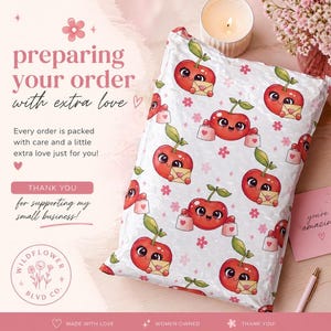 May include: White poly mailer bag with a repeating pattern of cartoon cherries holding envelopes and shopping bags. The bag has text that reads "preparing your order with extra love" and "thank you for supporting my small business!"