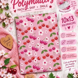 May include: A rectangular pink polymailer shipping bag featuring a repeating pattern of red cherries and white flowers. The bag has a self-seal adhesive strip at the top and measures 10 by 13 inches as indicated by the text on the image.