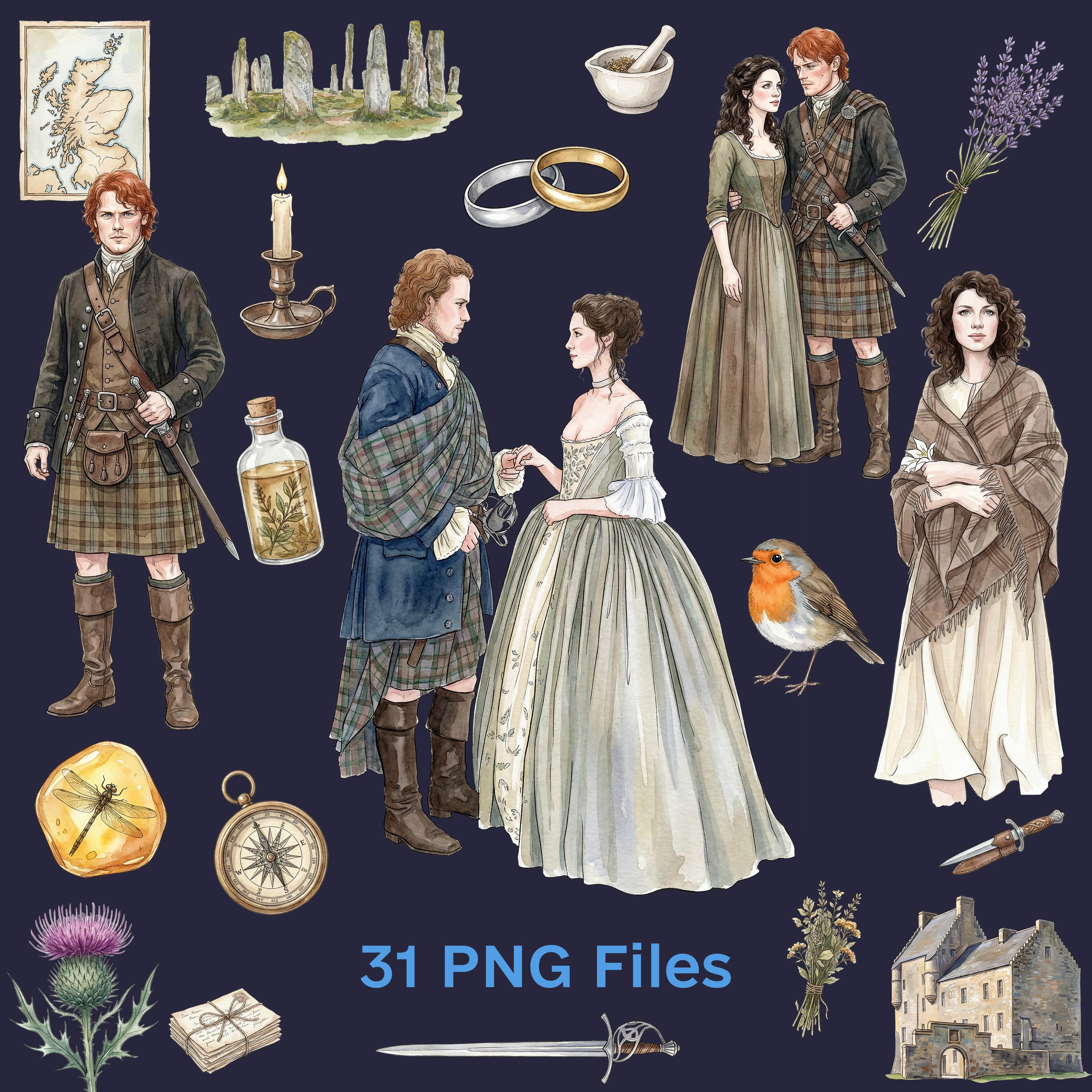 Outlander Wedding Clipart, Scottish Romance Watercolor Bundle for ...