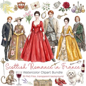 May include: Watercolor clipart bundle titled "Scottish Romance in France." The image features illustrations of people in period clothing, a carriage, flowers, and other decorative elements. The color palette includes red, yellow, and brown.