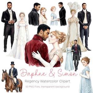 Clipart di matrimonio in stile Regency, illustrazione ad acquerello di Daphne Simon (10 file PNG)