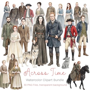 Outlander Clipart, Skotska par, Skotska karaktärer 30 PNG-filer för klistermärken, inbjudningar, scrapbooking
