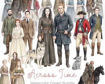 May include: Watercolor clipart bundle featuring a collection of historical figures in period clothing. The image includes men and women in various outfits, a wolf, a cat, and a horse. The text "Across Time" is written in cursive, with the description "Watercolor Clipart Bundle" and "30 PNG Files, transparent background".