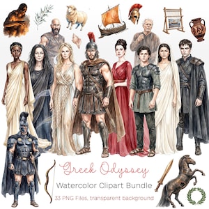 May include: A digital collection of watercolor illustrations titled Greek Odyssey Watercolor Clipart Bundle 33 PNG Files, transparent background. Features ancient figures, warriors in armor, a ship, a sheep, a horse, and pottery.