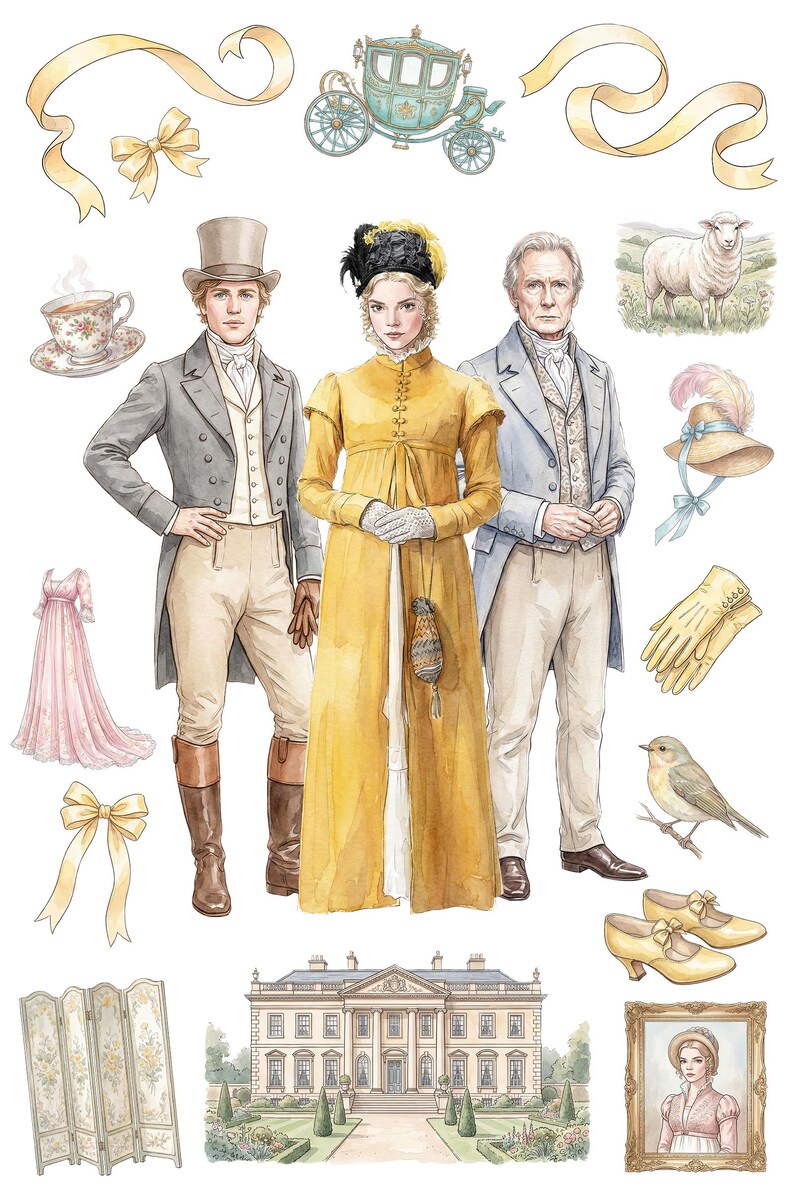 Emma Regency Era Watercolor Clipart, Jane Austen Characters Bundle for ...