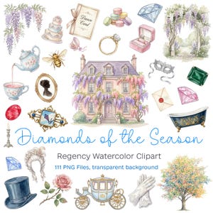 Jane Austen Regency Clipart, 111 PNG Watercolor Wedding Set, For Stickers, Invitations, Scrapbooking