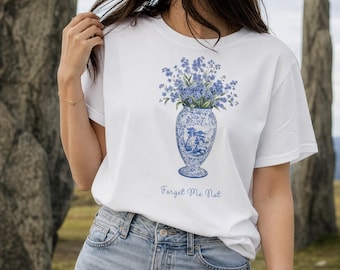 アウトランダーにインスパイアされたワスレナグサの花柄Tシャツ、水彩画風フローラルコテージコアTシャツ