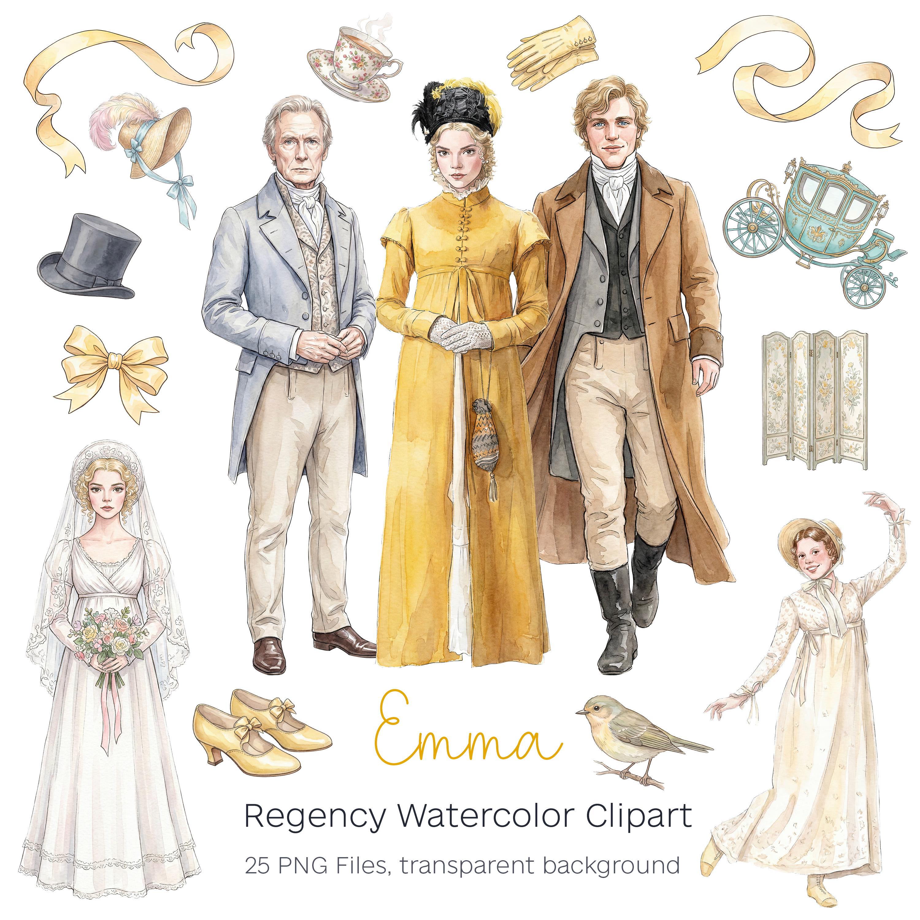 Emma Regency Era Watercolor Clipart, Jane Austen Characters Bundle for ...