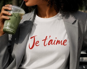 Je t'aime 赤い文字のグラフィックTシャツ、フランス語の引用句入りパリ好きTシャツ