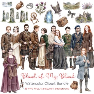 Puede incluir: Un conjunto de imágenes prediseñadas en acuarela titulado Blood of My Blood que presenta ilustraciones de figuras históricas con ropa de época, piedras erguidas, una rueca, un cofre de madera, un corsé, una daga, una bolsa y paisajes sobre fondo blanco.