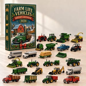 以下が含まれることがあります： 冬の農場の風景が描かれた「Farm Life Vehicles 2026」アドベントカレンダーの箱と、トラクター、トラック、トレーラー、収穫機、その他様々な色の農業用機器を含む、ミニチュアの農場車両のおもちゃのコレクション。